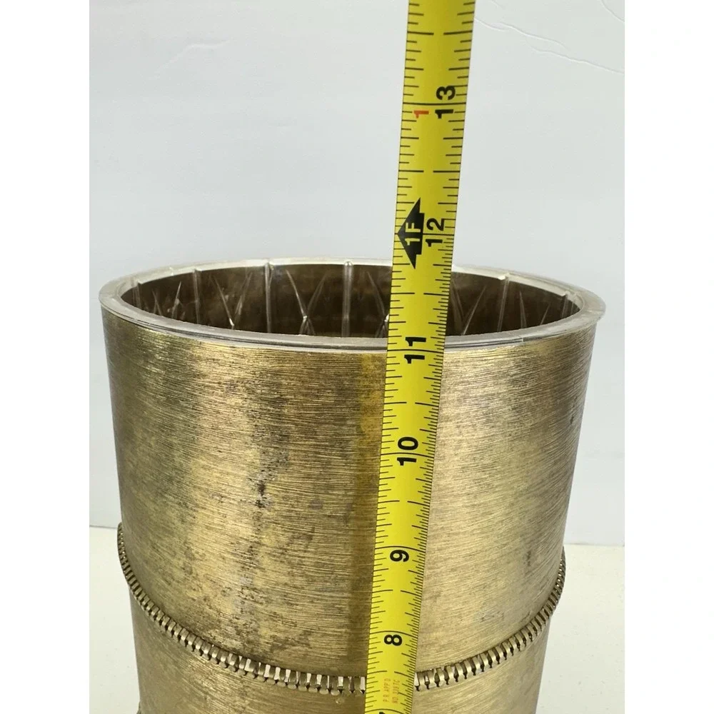 Vintage Hollywood Regency Gold Tone Metal Wastebasket W/ Acrylic Liner Footed